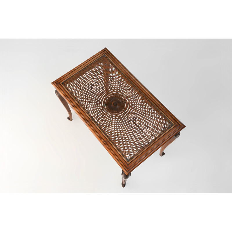 Vintage side table with sculpted elements and rattan top