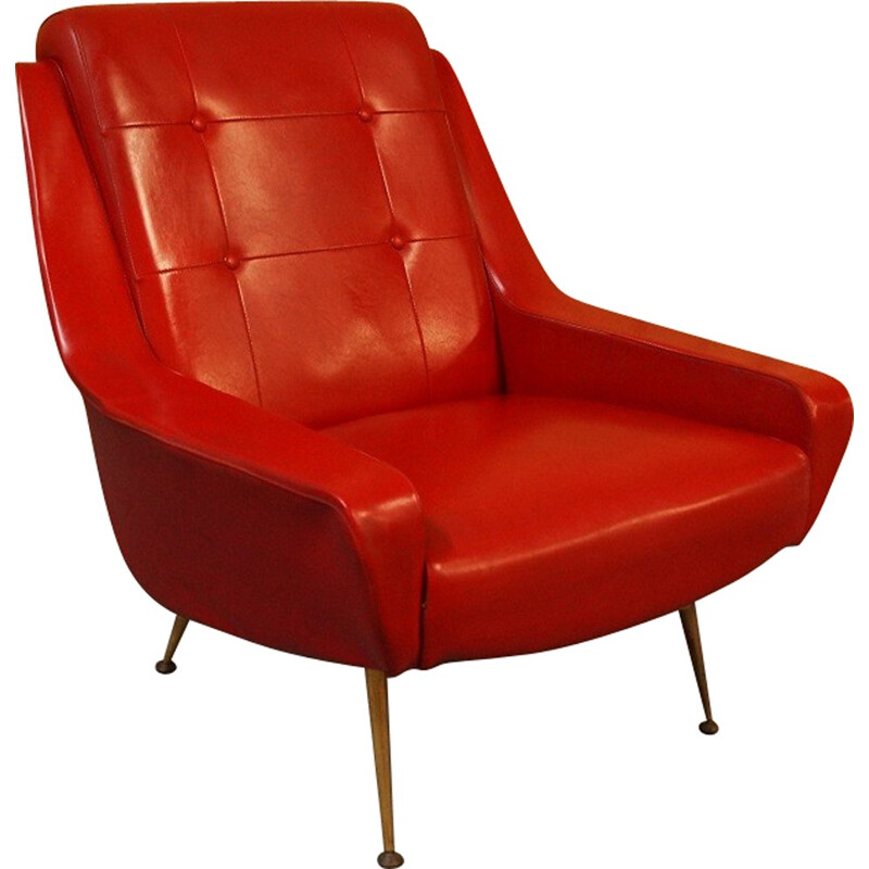 Armchair with compass legs in red skai fabric- 1950s