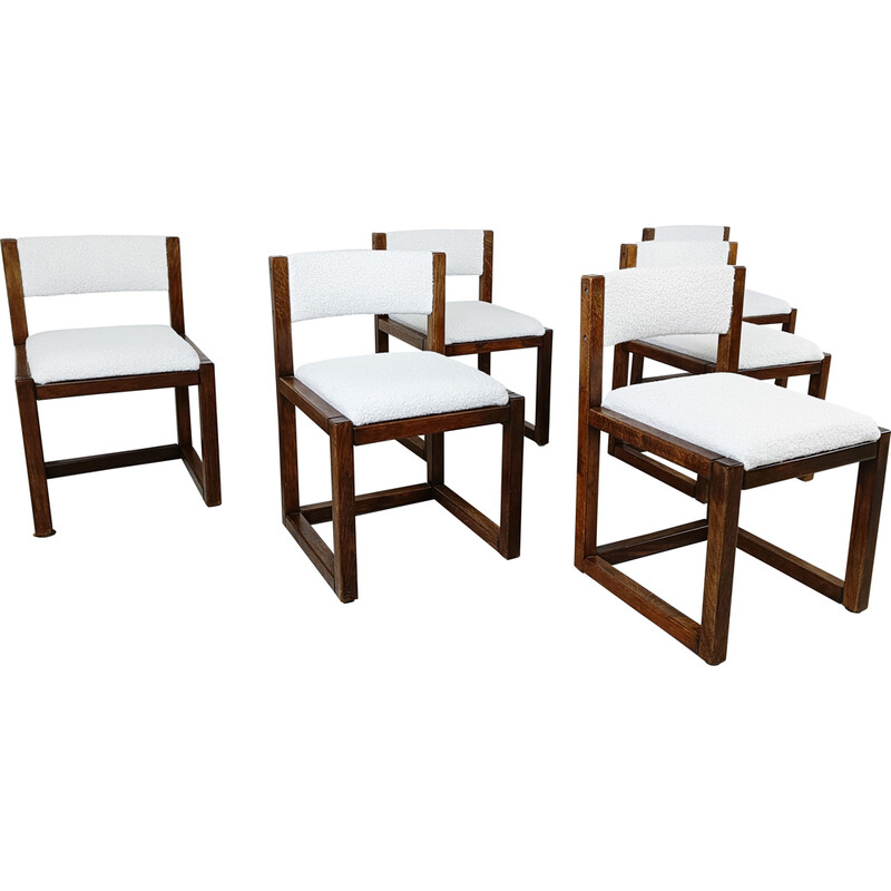 Conjunto de 6 cadeiras de jantar brutalistas vintage em madeira de carvalho e tecido bouclé, Alemanha, anos 60