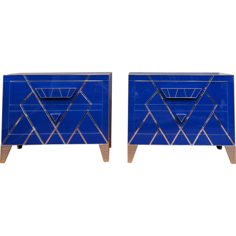 Pair of Art Deco vintage chests of drawers in blue glass