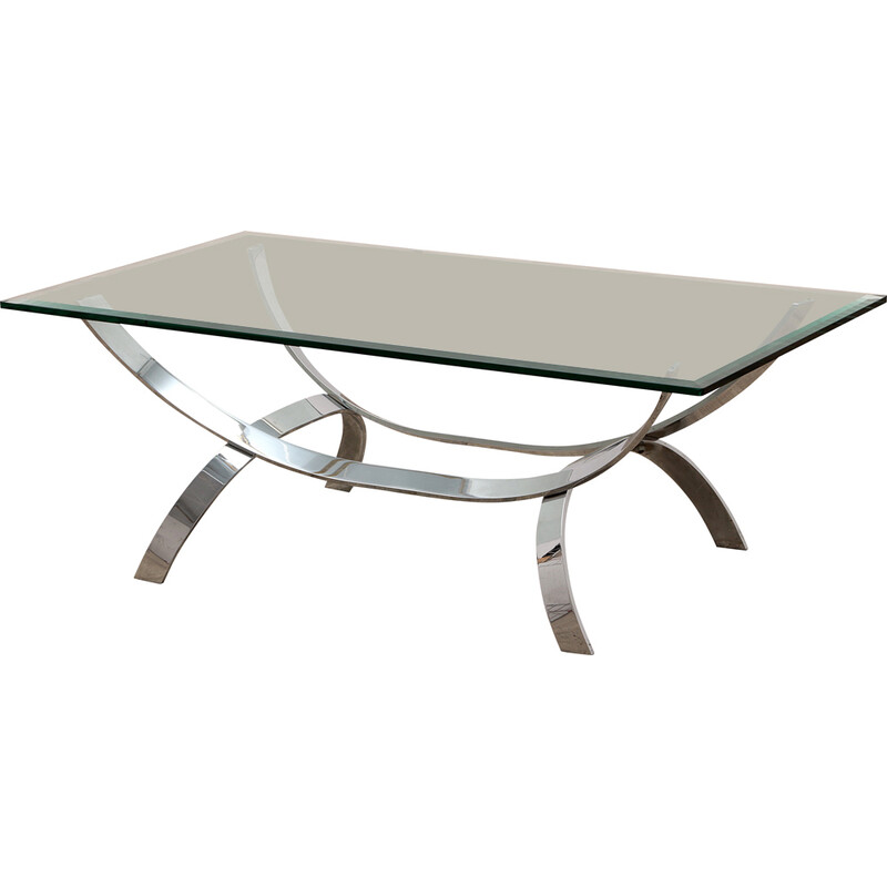Space Age vintage chrome coffee table with thick glass top, Germany 1970