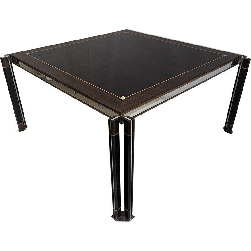 Italian vintage steel and inlaid wood dinning table by Paolo Barracchia for Roman Deco, 1978