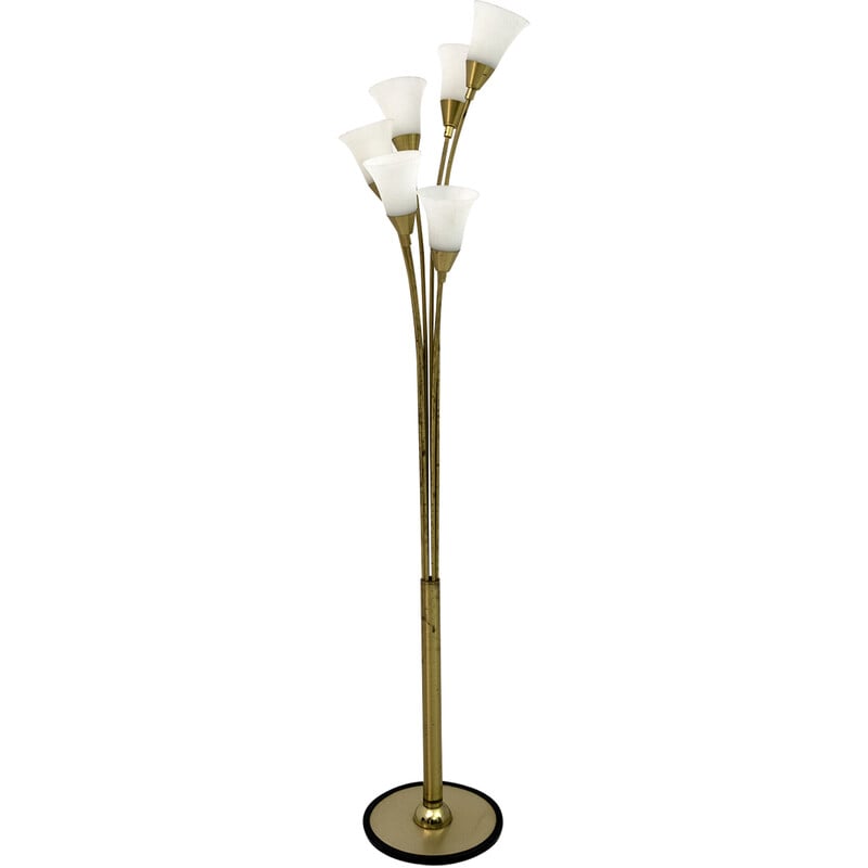 Lampada da terra Tulip in vetro opalino e ottone dorato della metà del secolo scorso, 1960