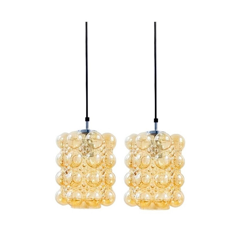 Pair of vintage amber bubble glass pendant lamps by Helena Tynell for Limburg, Germany 1960s
