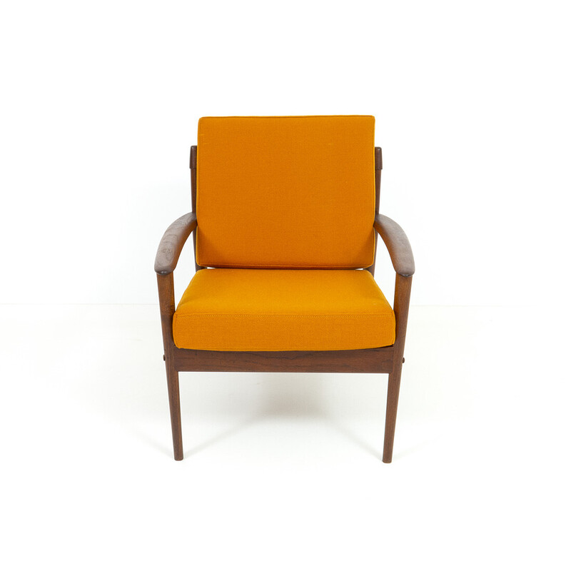 Danish vintage teak armchair with upholstery by Grete Jalk for Poul Jeppesen