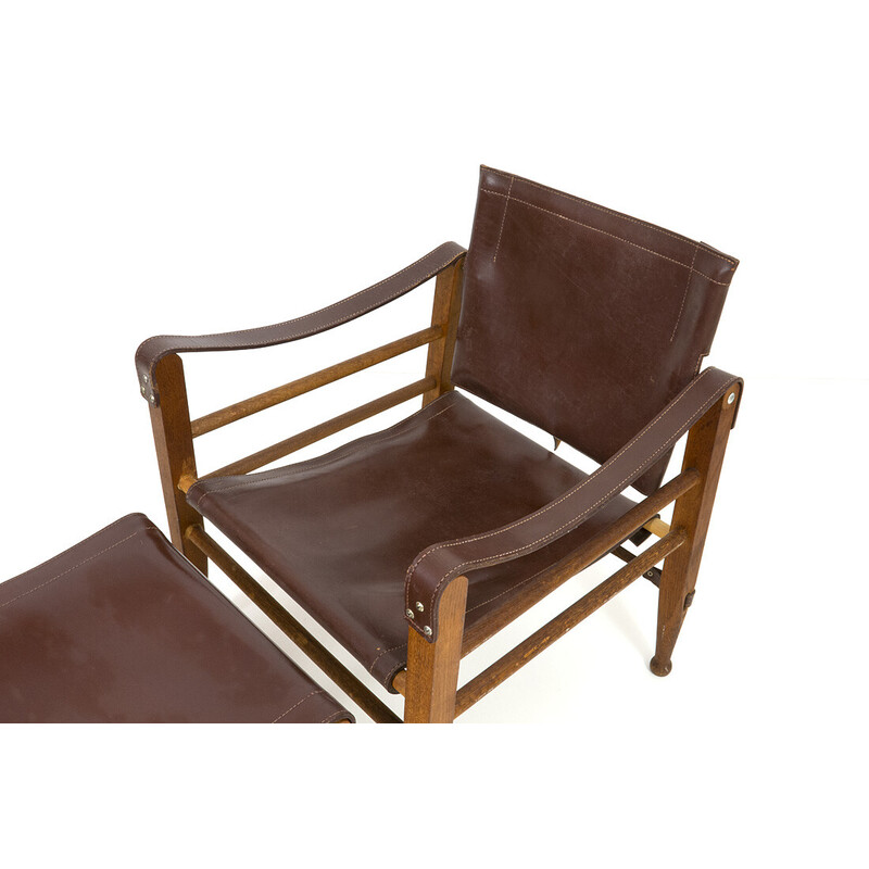 Cadeira de braços Safari em madeira de carvalho vintage e otomana em pele de Aage Bruun e Filho, década de 1960