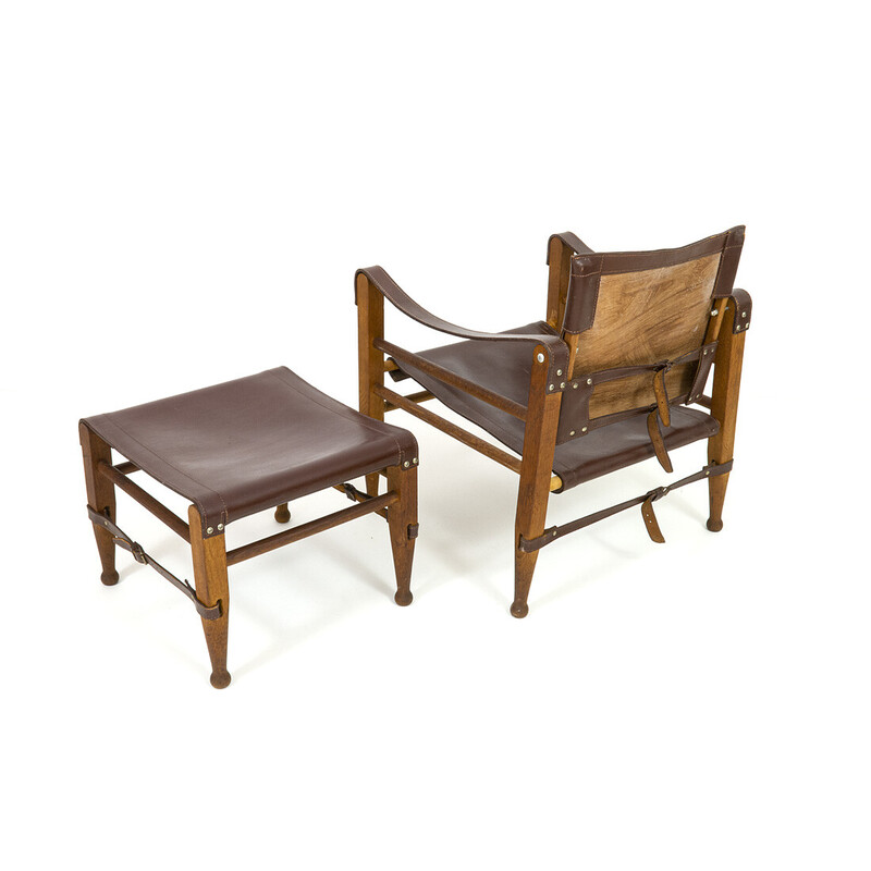 Vintage oakwood Safari armchair and ottoman in leather by Aage Bruun and Son, 1960s