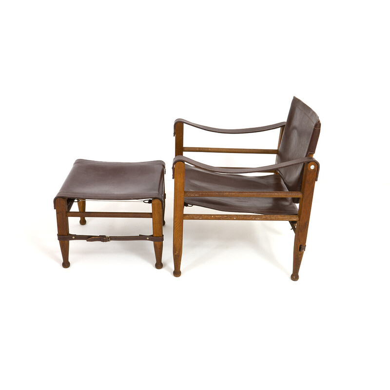 Vintage oakwood Safari armchair and ottoman in leather by Aage Bruun and Son, 1960s