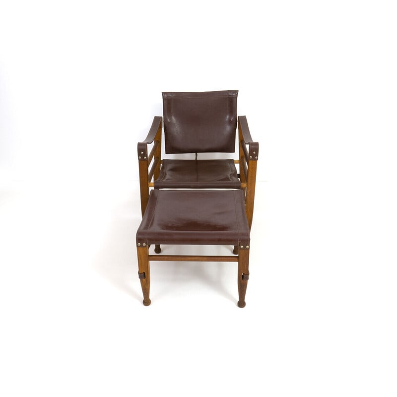 Fauteuil Safari et ottoman vintage en bois de chêne et cuir par Aage Bruun and Son, 1960