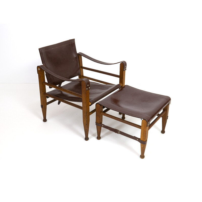 Vintage oakwood Safari armchair and ottoman in leather by Aage Bruun and Son, 1960s