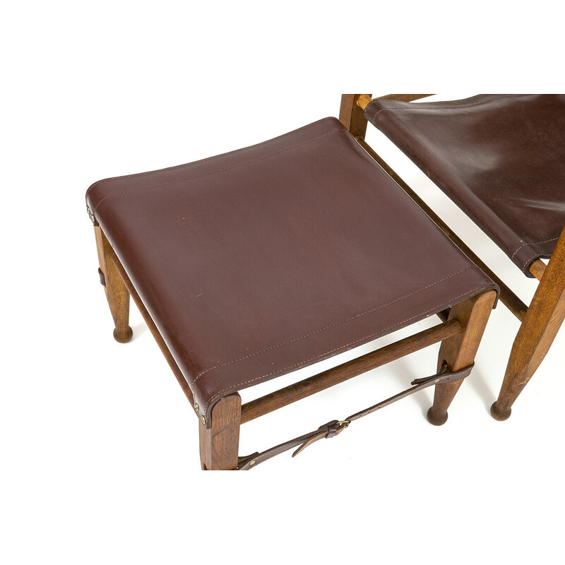 Cadeira de braços Safari em madeira de carvalho vintage e otomana em pele de Aage Bruun e Filho, década de 1960