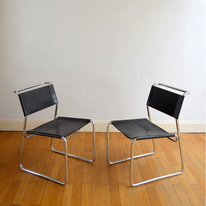 Paire de chaises vintage en métal chromé et cuir - 1970