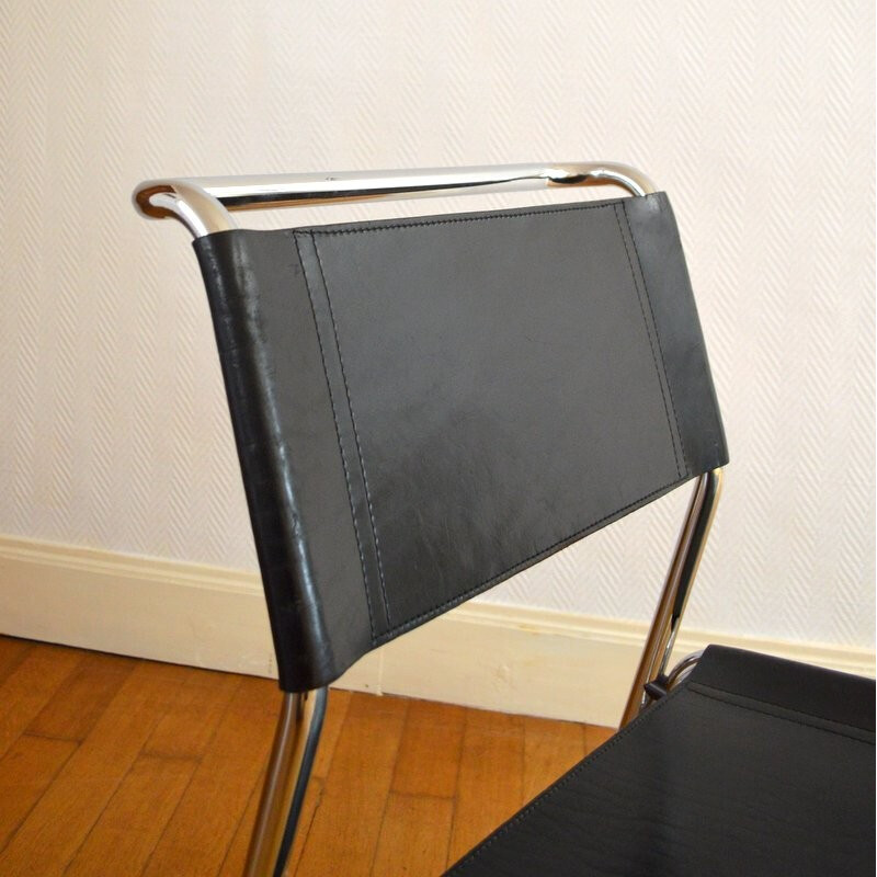 Pair of vintage chairs in chromed metal and leather - 1970s