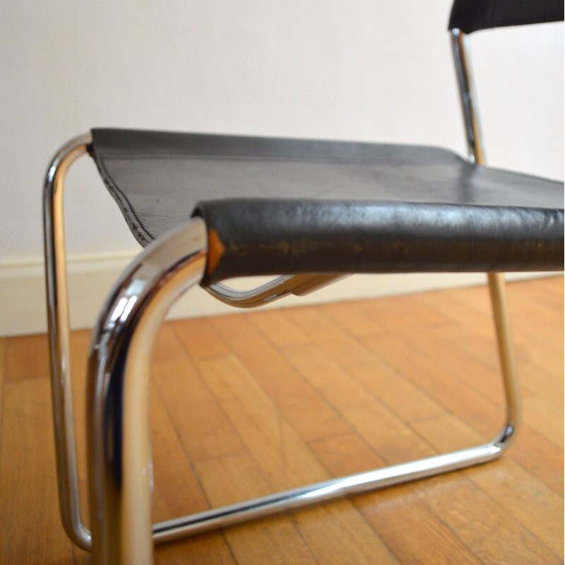 Pair of vintage chairs in chromed metal and leather - 1970s