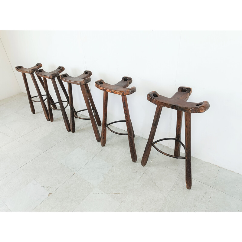 Set of 5 mid century brutalist bar stools, Spain 1960s