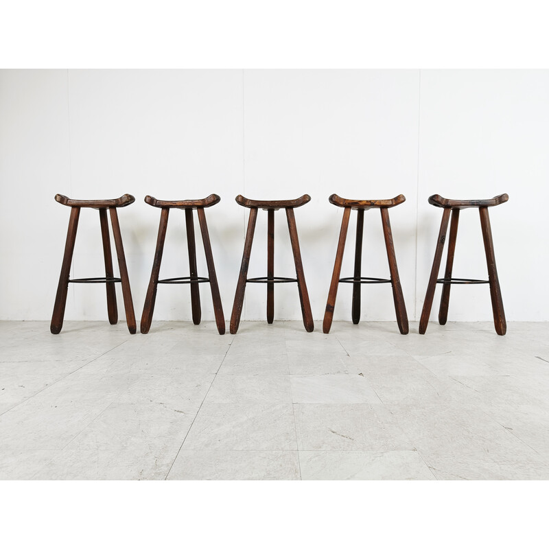 Set of 5 mid century brutalist bar stools, Spain 1960s