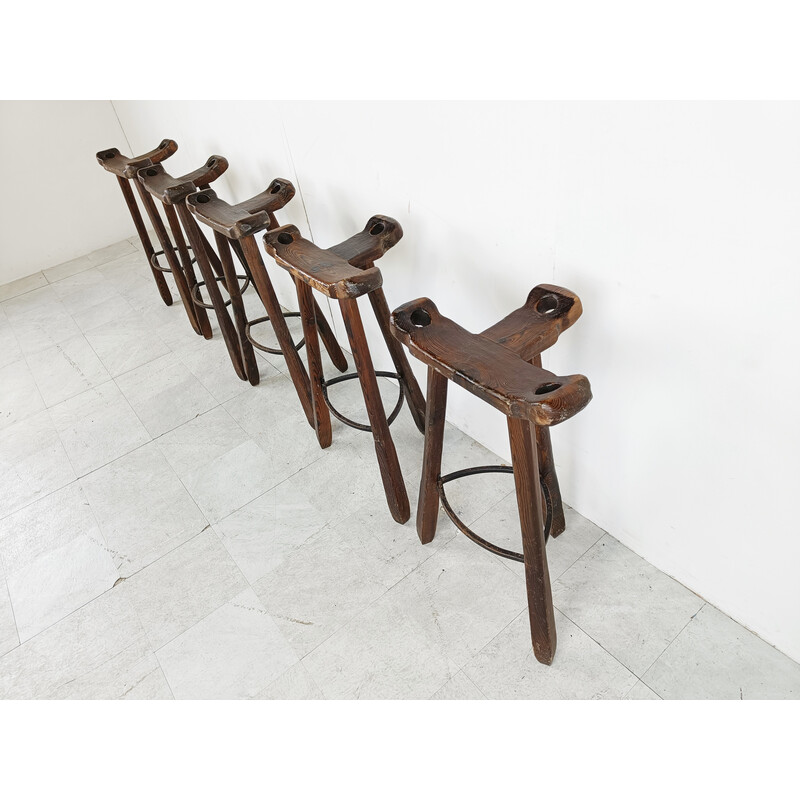 Ensemble de 5 tabourets de bar brutalistes vintage, Espagne 1960