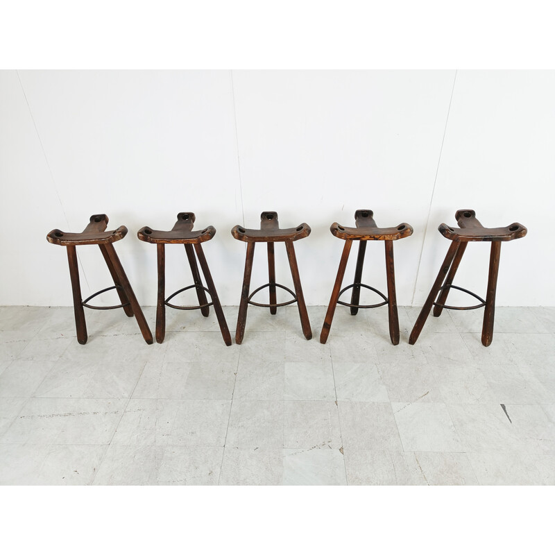 Ensemble de 5 tabourets de bar brutalistes vintage, Espagne 1960