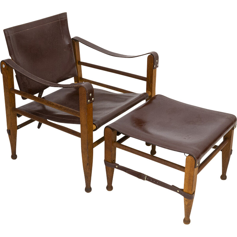 Vintage oakwood Safari armchair and ottoman in leather by Aage Bruun and Son, 1960s