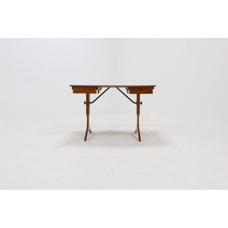 Vintage height adjustable birchwood and brass partner desk, 1960s