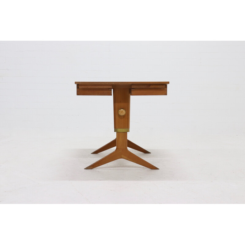 Vintage height adjustable birchwood and brass partner desk, 1960s