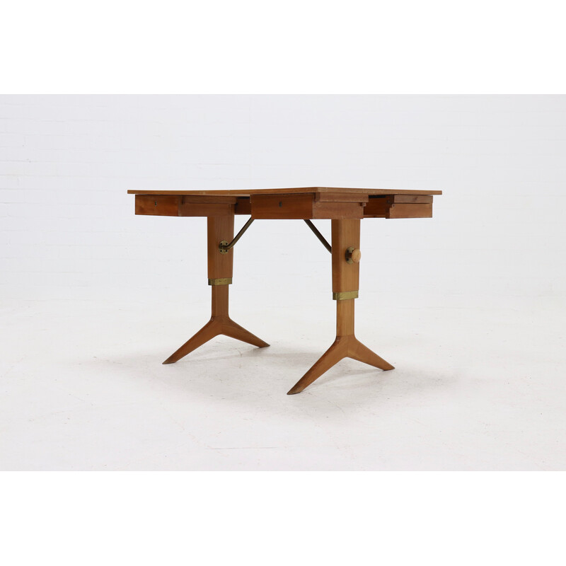 Vintage height adjustable birchwood and brass partner desk, 1960s