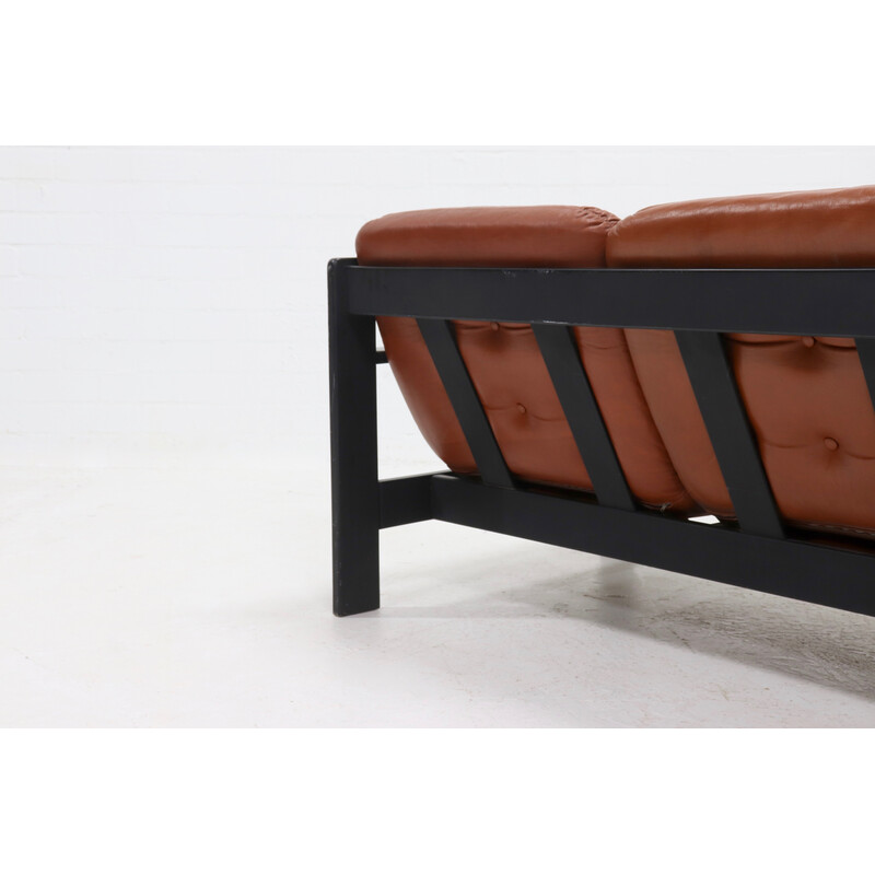 Vintage brutalist 3-seater sofa in leather and ebonized wood, 1970s