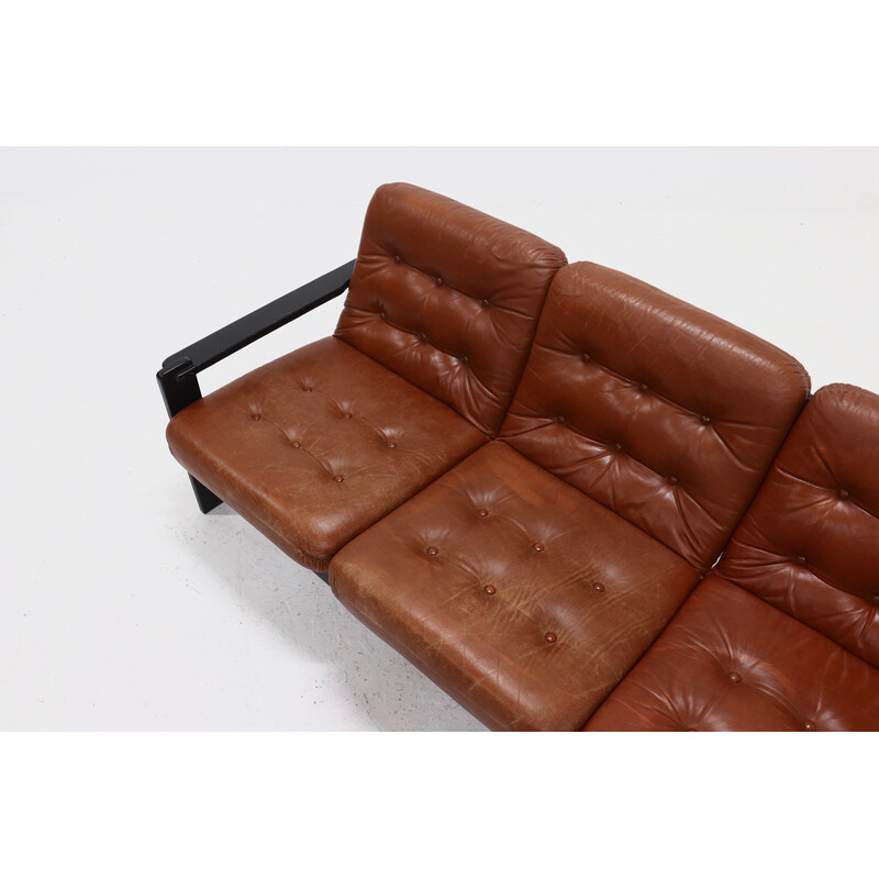 Vintage brutalistisches 3-Sitzer-Sofa aus Leder und ebonisiertem Holz, 1970er Jahre