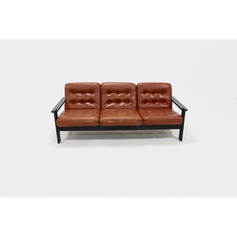 Vintage brutalist 3-seater sofa in leather and ebonized wood, 1970s