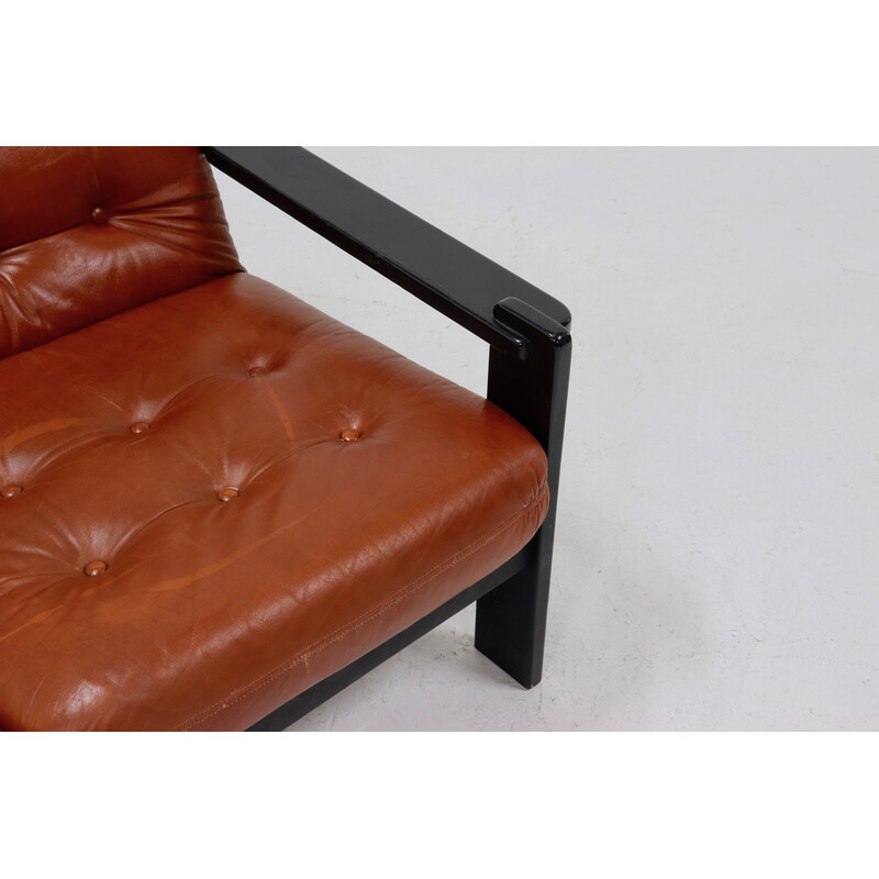 Vintage brutalistisches 3-Sitzer-Sofa aus Leder und ebonisiertem Holz, 1970er Jahre