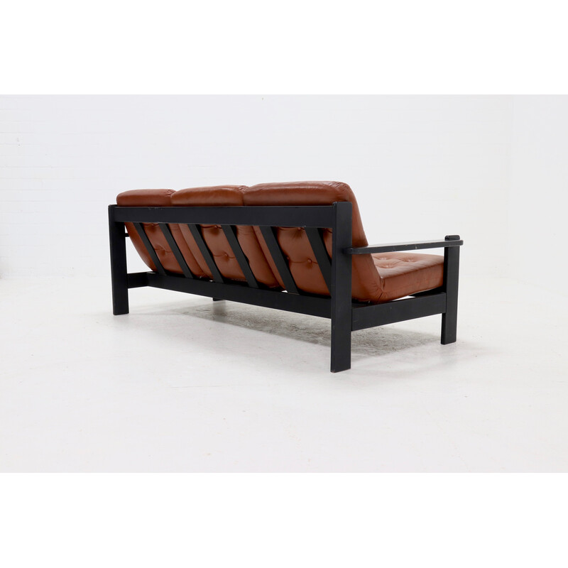Vintage brutalistisches 3-Sitzer-Sofa aus Leder und ebonisiertem Holz, 1970er Jahre