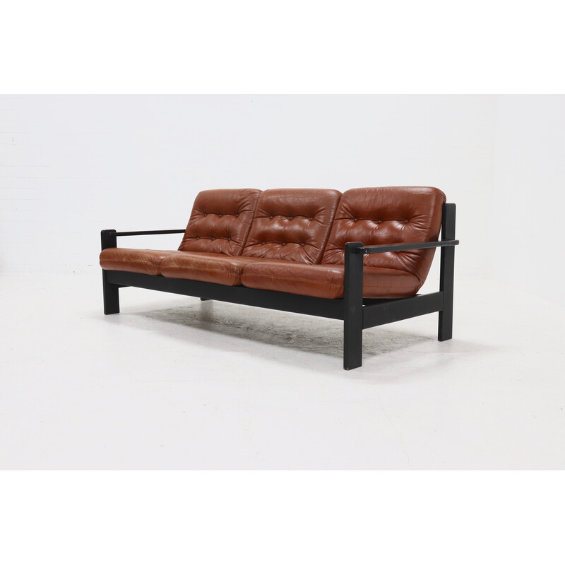 Vintage brutalist 3-seater sofa in leather and ebonized wood, 1970s