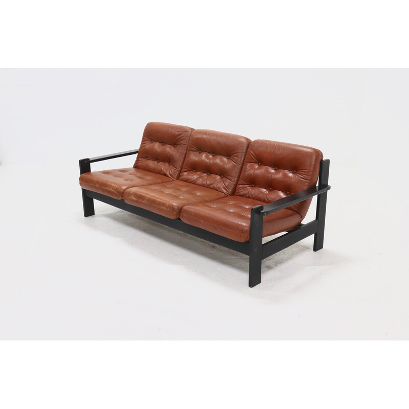 Vintage brutalist 3-seater sofa in leather and ebonized wood, 1970s