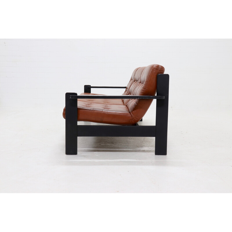 Vintage brutalist 3-seater sofa in leather and ebonized wood, 1970s