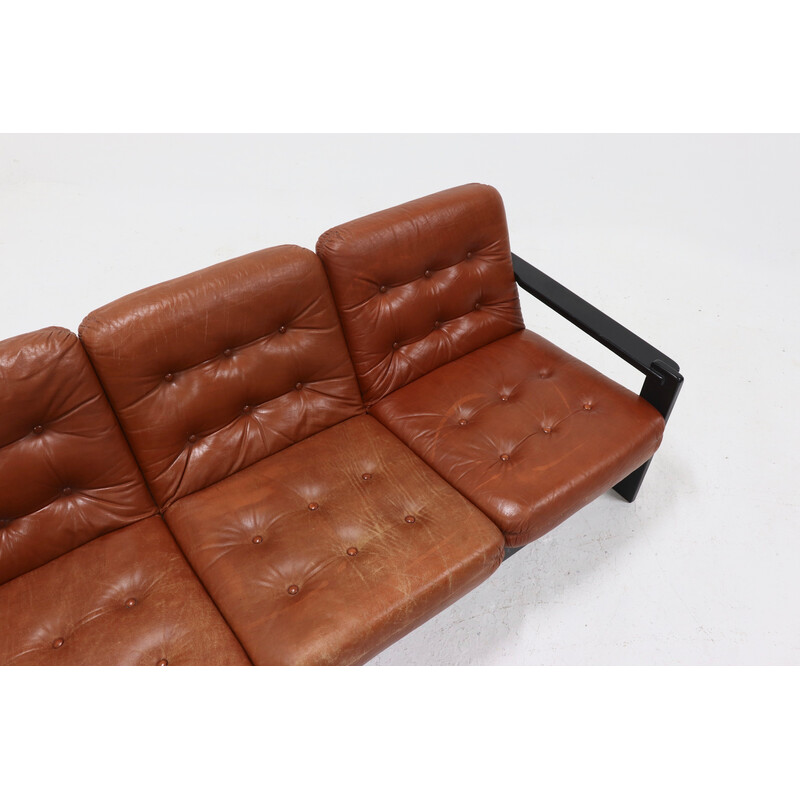 Vintage brutalist 3-seater sofa in leather and ebonized wood, 1970s