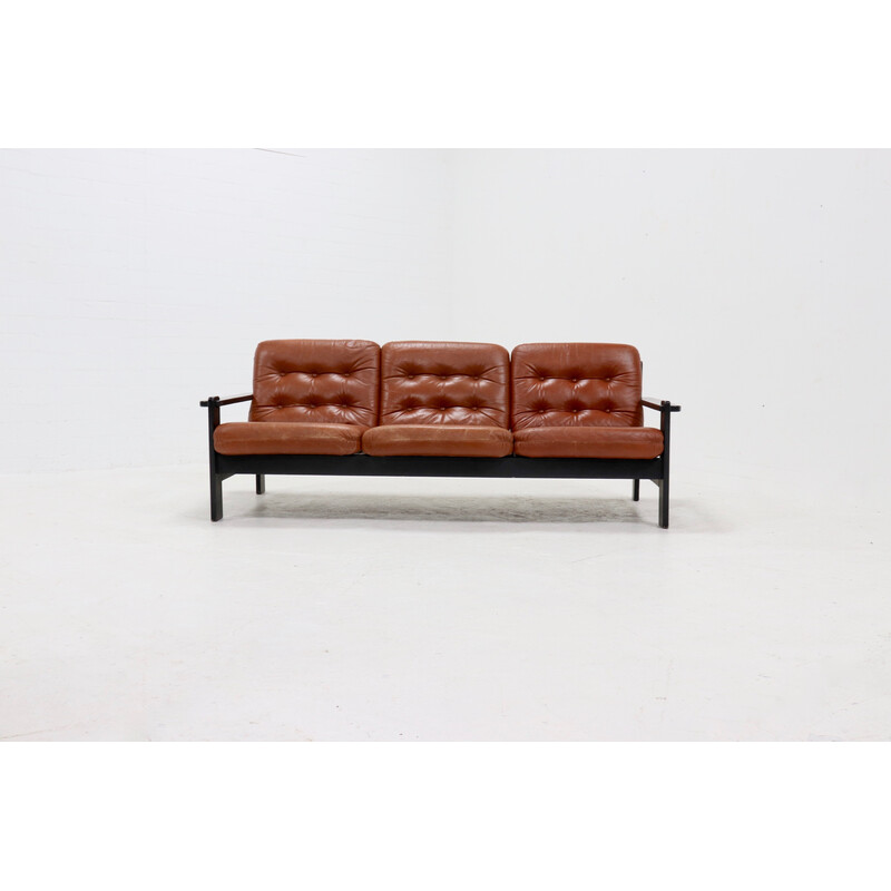Vintage brutalist 3-seater sofa in leather and ebonized wood, 1970s