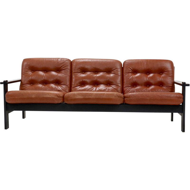 Vintage brutalistisches 3-Sitzer-Sofa aus Leder und ebonisiertem Holz, 1970er Jahre