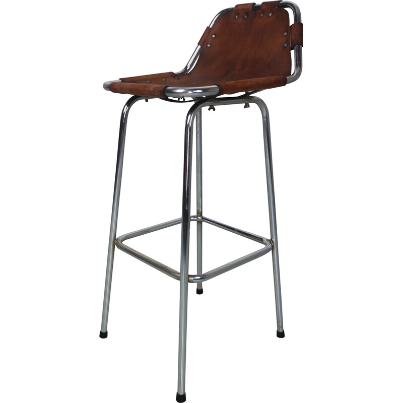 Pair of vintage leather bar stools selected by Charlotte Perriand for Les Arcs
