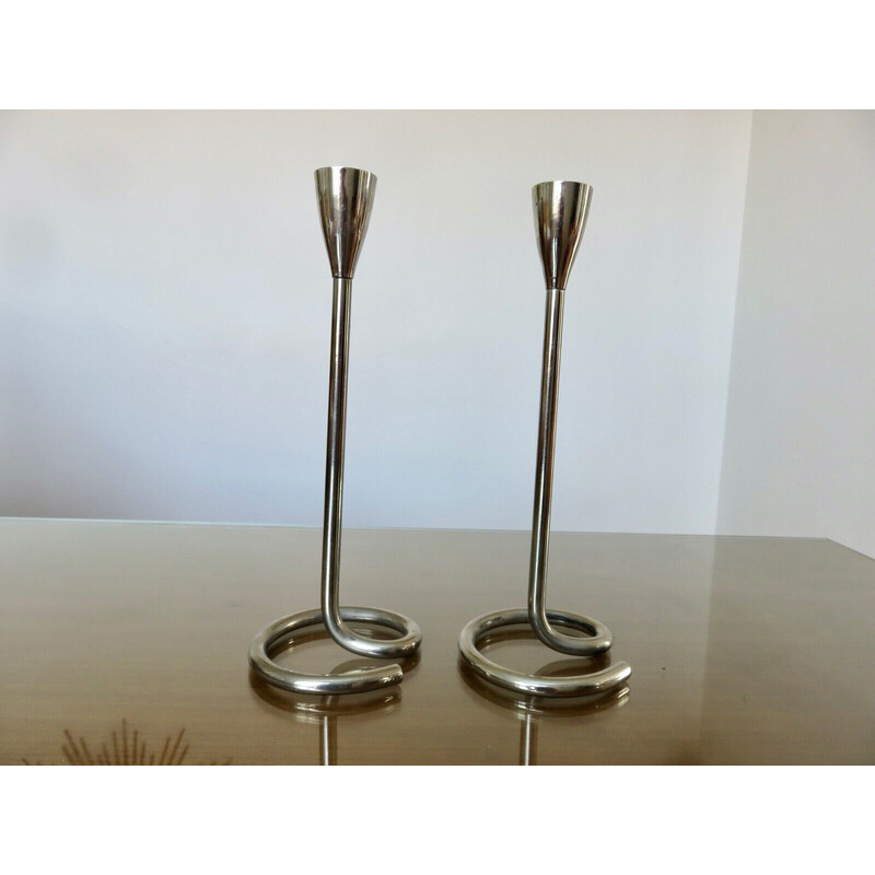 Pair of vintage modernist chrome-plated brass candlesticks, 1970