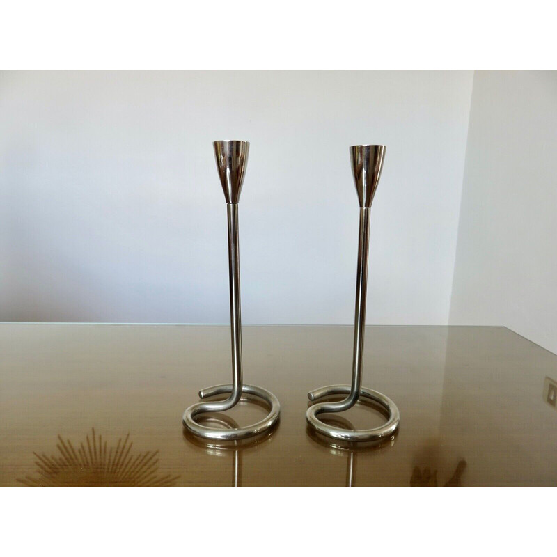 Pair of vintage modernist chrome-plated brass candlesticks, 1970