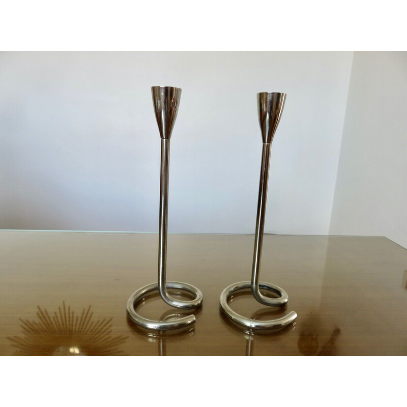 Pair of vintage modernist chrome-plated brass candlesticks, 1970