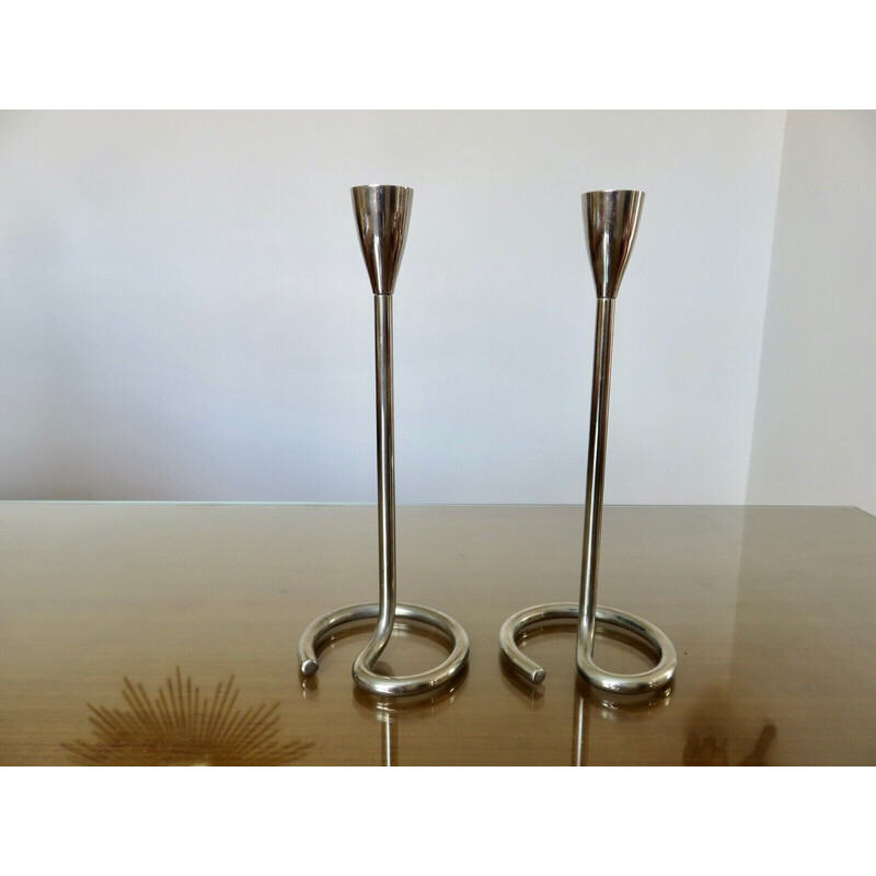 Pair of vintage modernist chrome-plated brass candlesticks, 1970