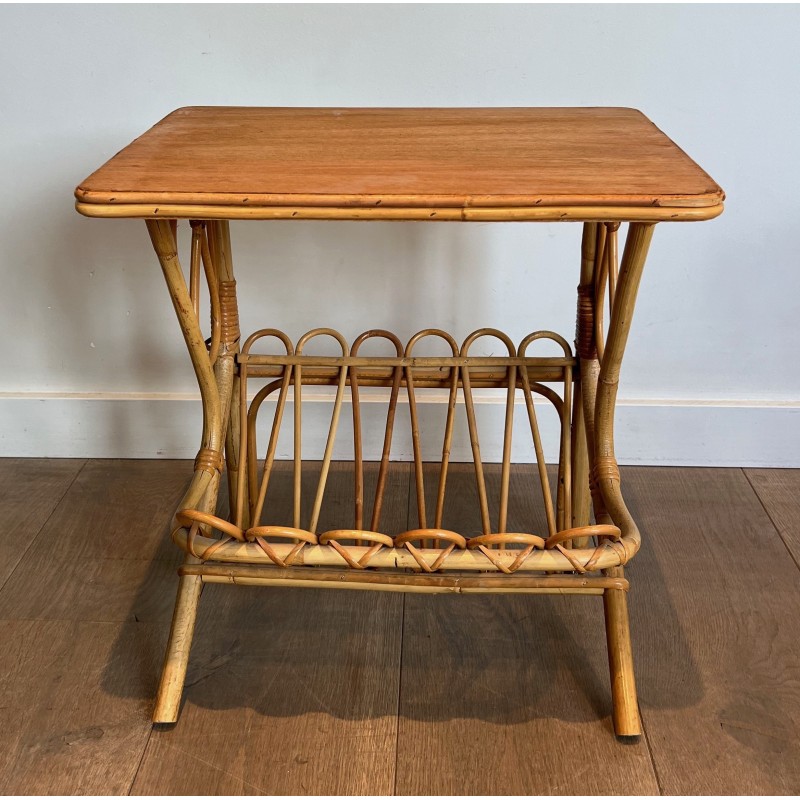 Pair of vintage sofa ends with rattan magazine rack, 1950