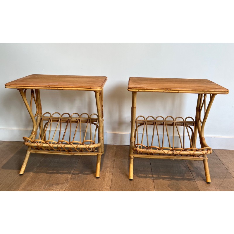 Pair of vintage sofa ends with rattan magazine rack, 1950