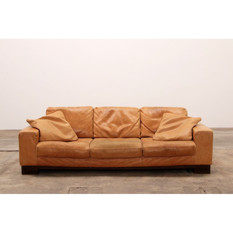 Vintage cognac color leather three-seater sofa by Casanova, Italy 1970