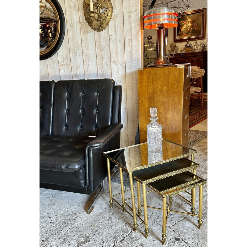 Vintage brass nesting table with moiré mirror, 1970