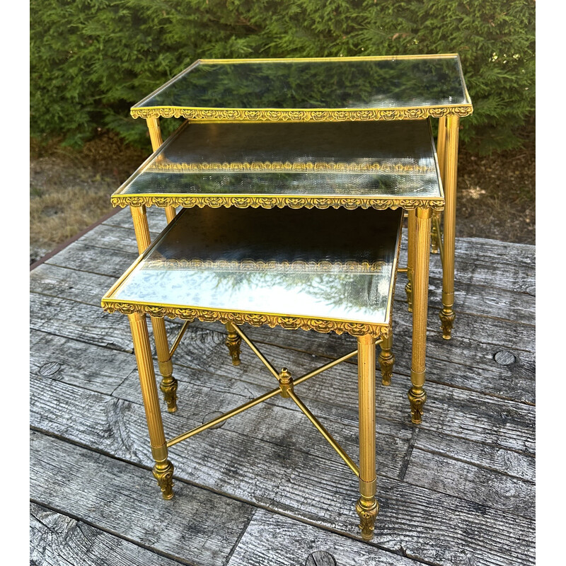 Vintage brass nesting table with moiré mirror, 1970