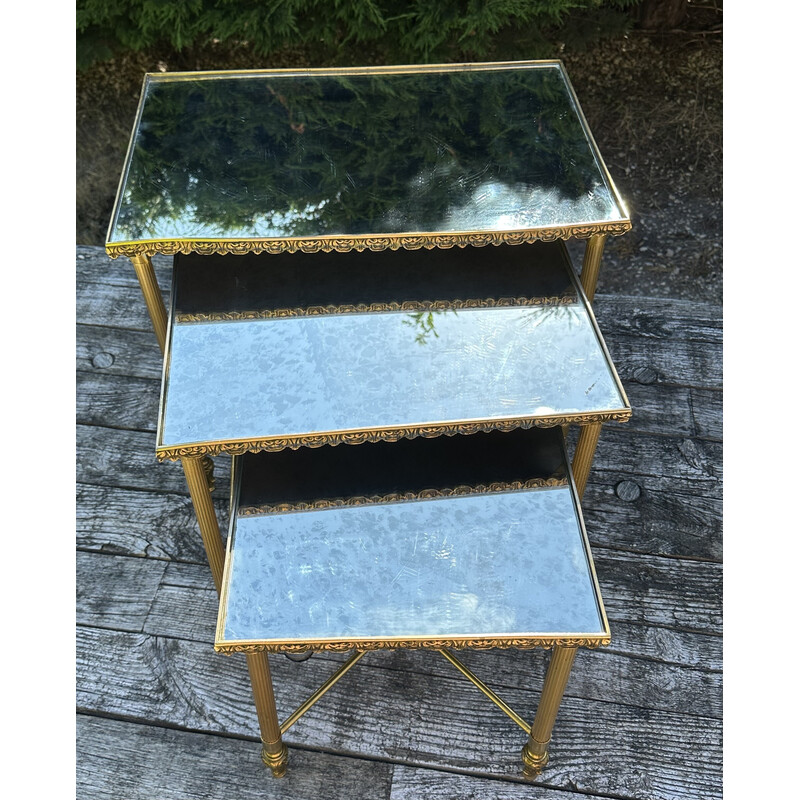 Vintage brass nesting table with moiré mirror, 1970