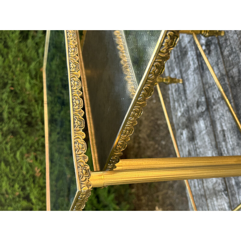 Vintage brass nesting table with moiré mirror, 1970