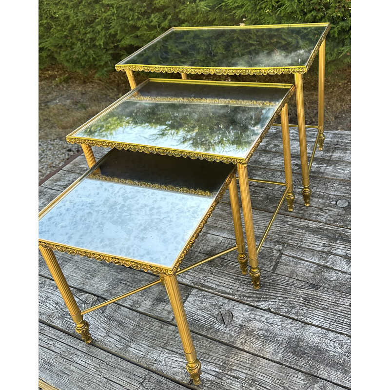 Vintage brass nesting table with moiré mirror, 1970